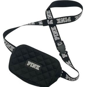 PINK Victoria’s Secret Crossbody Bag Black Quilted Logo Strap Small Zip Purse